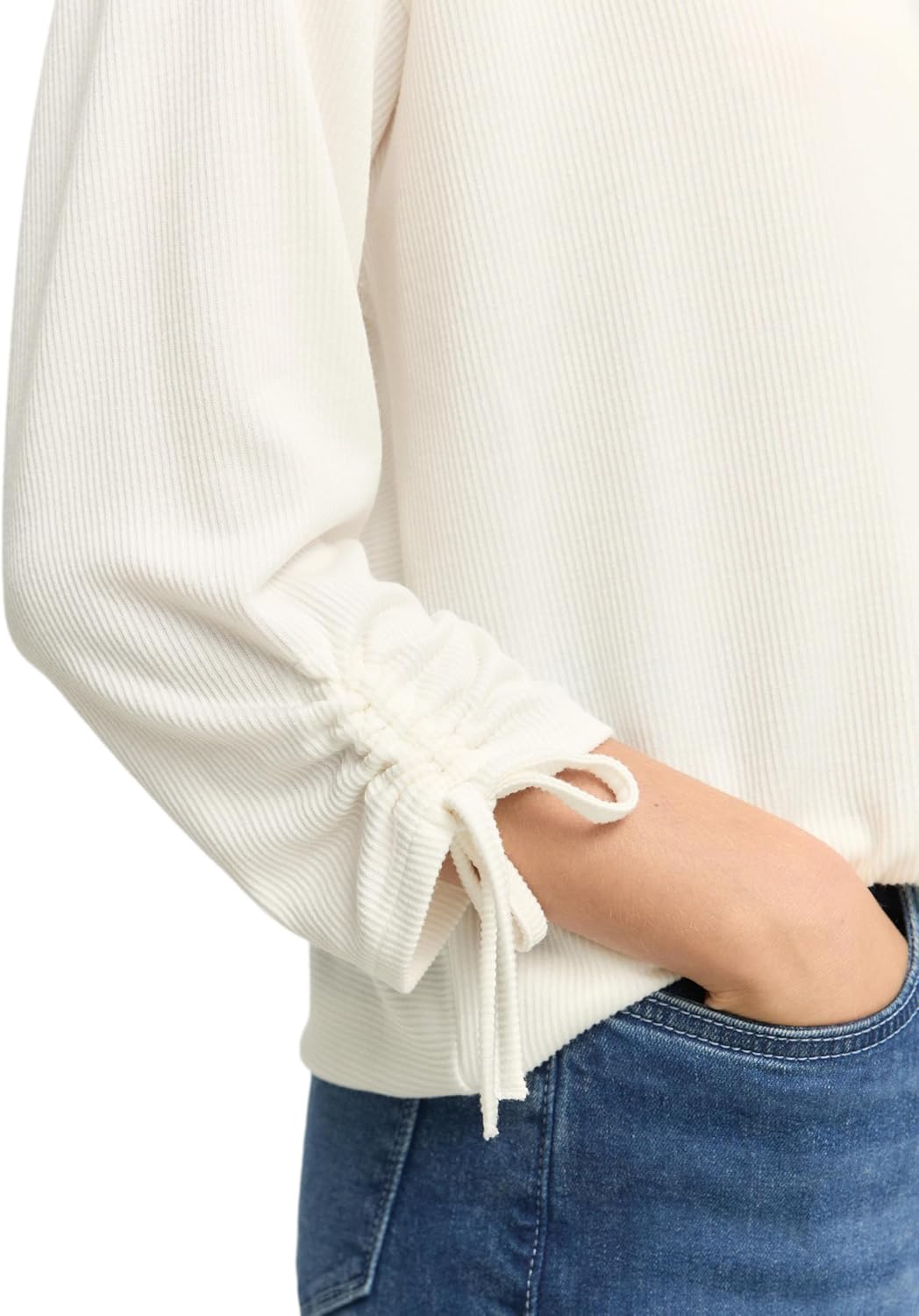 TOM TAILOR Denim Damen Loose Fit Longsleeve mit Streifen & Raffarm XS 10332 - Off White, XS 10332 -