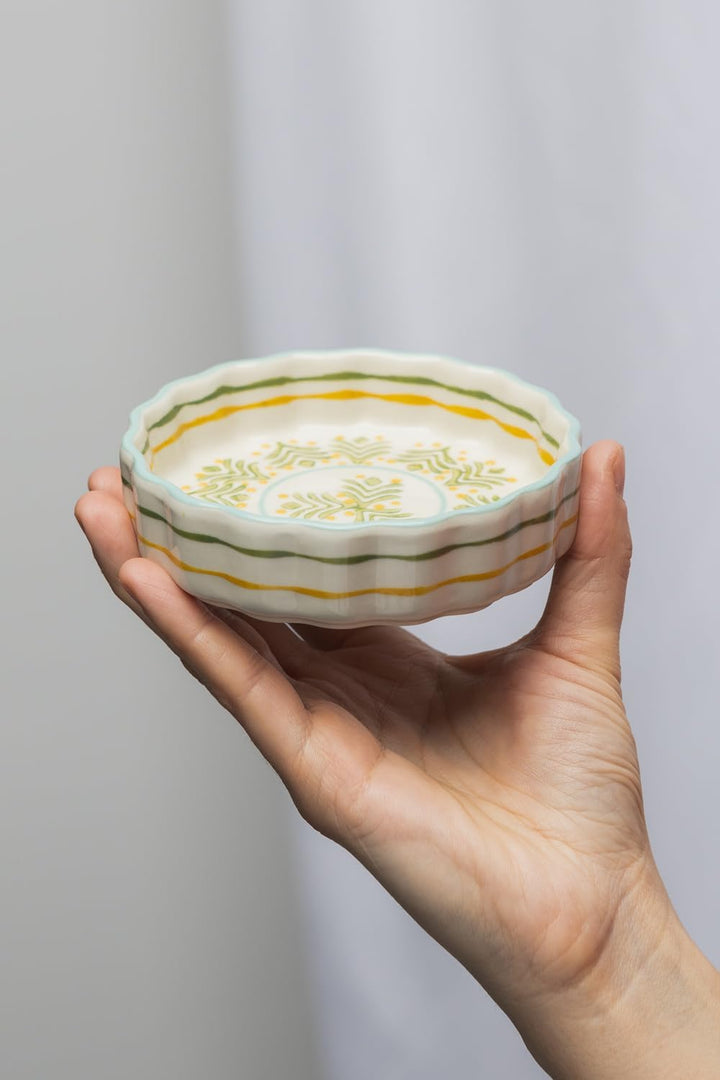 Tranquillo 6er Set Tarteletteform aus Steinzeug mit handgestempeltem Print blau/gelb Floral/Retro, Ø