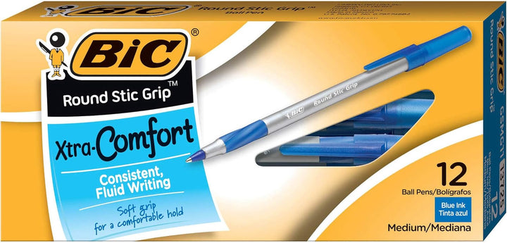 Ultra Round Stic Grip Ballpoint Stick Pen, Blue Ink, Medium, Dozen