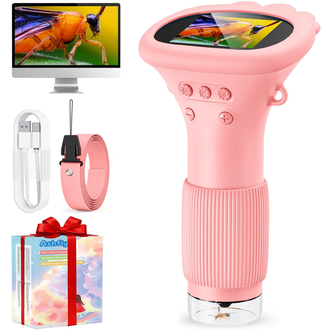 Mikroskop für Kinder, Ashfly 1000X Taschenmikroskop mit 2,0" IPS-Bildschirm USB Microscope Lupe, 8 L