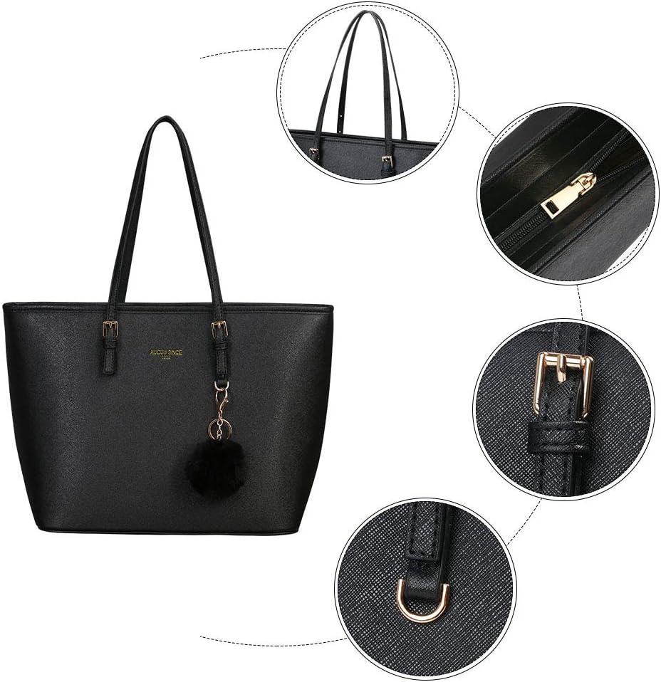 URAQT Damen Handtasche Schwarz, Shopper Handtasche Leder Tasche, Gross, für Büro Schule Einkauf mit