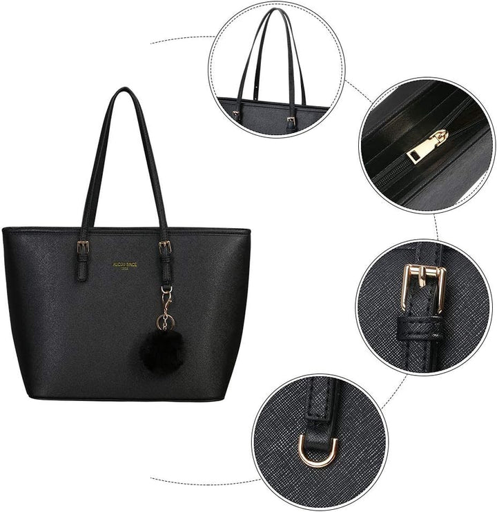 URAQT Damen Handtasche Schwarz, Shopper Handtasche Leder Tasche, Gross, für Büro Schule Einkauf mit