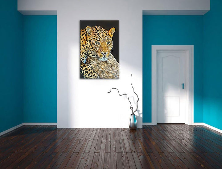 Dark Ruhiger Leopard Deluxe Format: 100x70 cm auf Leinwand, XXL riesige Bilder fertig gerahmt mit Ke