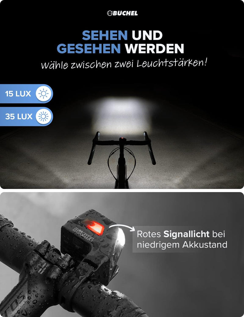 Büchel Ahead Fahrradlichter Set I 35/15 Lux Design genau mittig am Lenker StVZO zugelassen Aufladbar