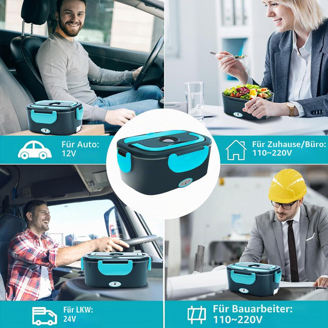 Elektrische Lunchbox 4 in 1 12V/24V/220V~240V, 1.5L 60W Lunch Box Elektrisch Edelstahl Speisenwärmer