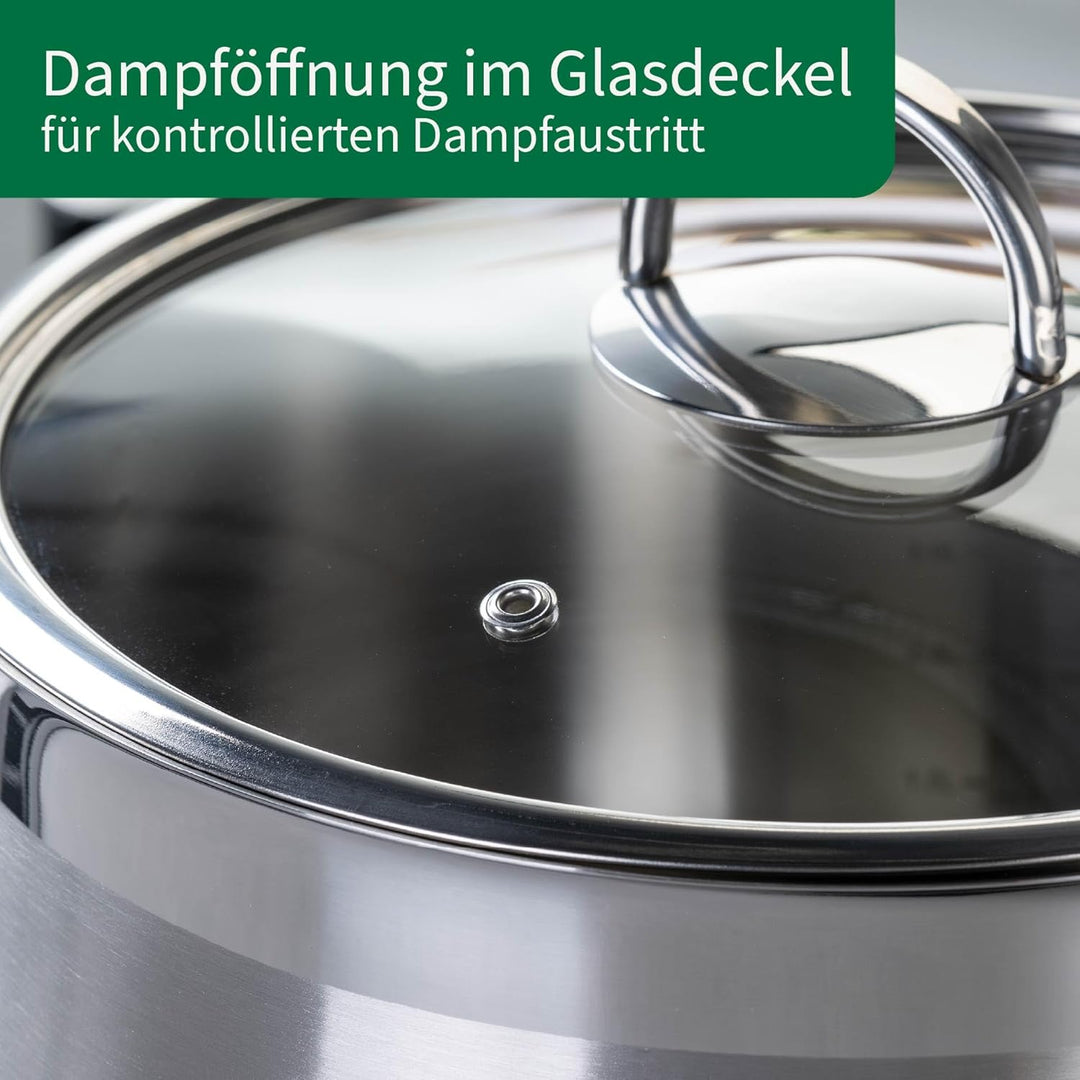FACKELMANN Chefkoch trifft Kochtopf mit Glasdeckel – ø24cm Edelstahl 18/8, Aluminium-Kern, für alle