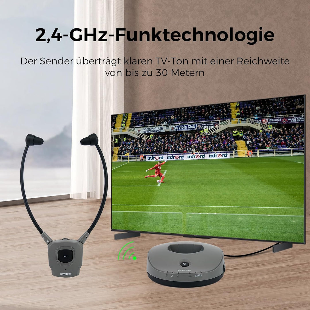 Funkkopfhörer Kabellos für TV – Senioren oder Hörverlust, 30 m Reichweite, Klangklarheit, Links-Rech