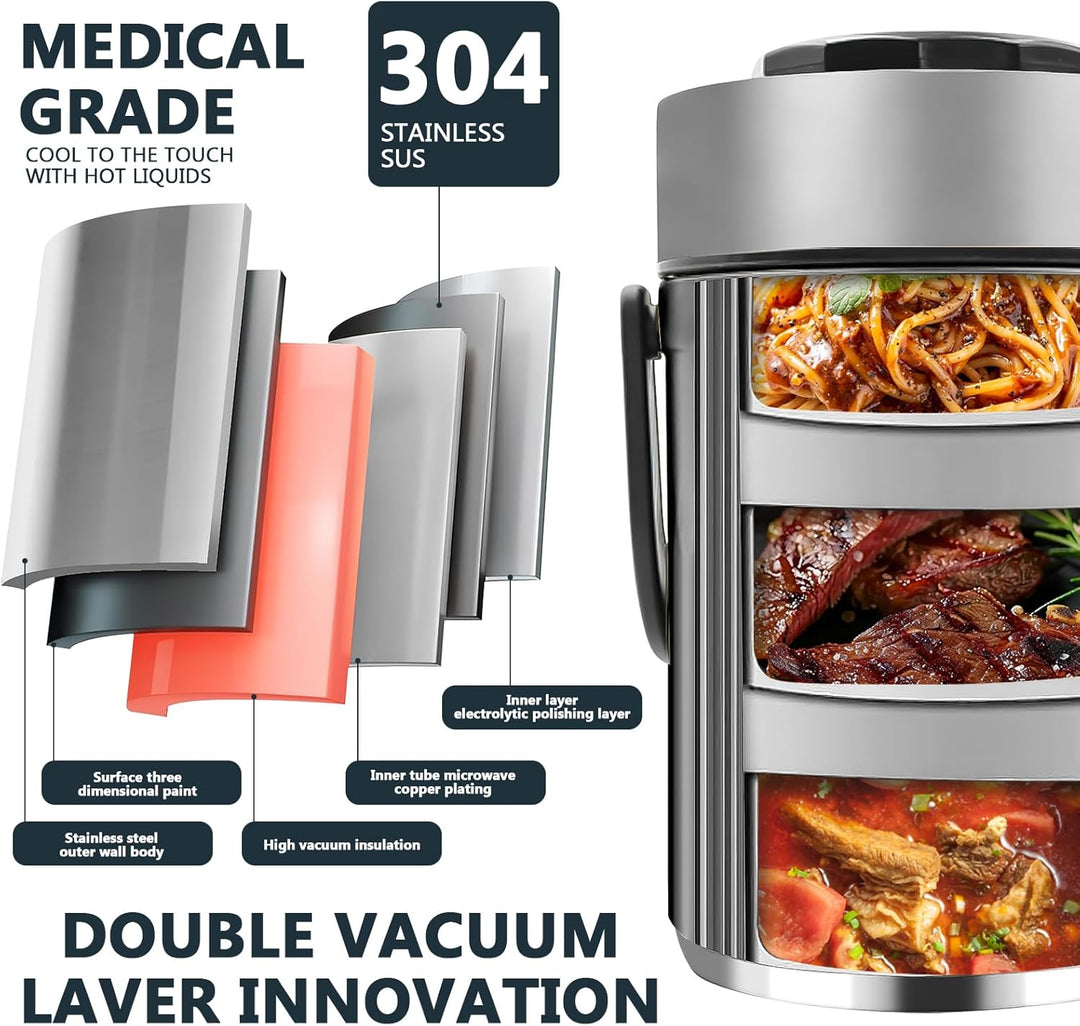 Thermobehälter Essen 2L/67oz Edelstahl Warmhaltebehälter 3-lagige Isolierbehälter für Speisen, Ausla