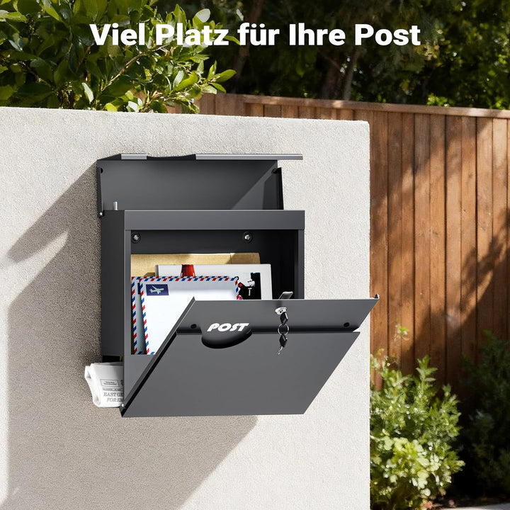 Wiltec Briefkasten Anthrazit V62 aus Stahl 37 x 11 x 37 cm, Wandbriefkasten mit Zeitungsfach und Sch