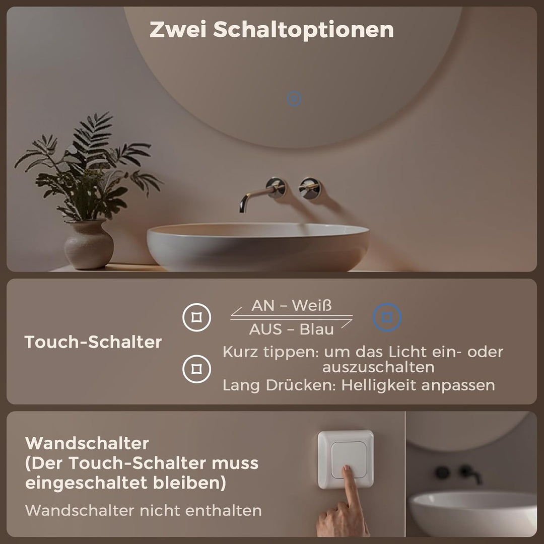 S'AFIELINA Badspiegel mit Beleuchtung Rund 50cm Durchmesser LED Badspiegel mit Touchschalter Dimmbar