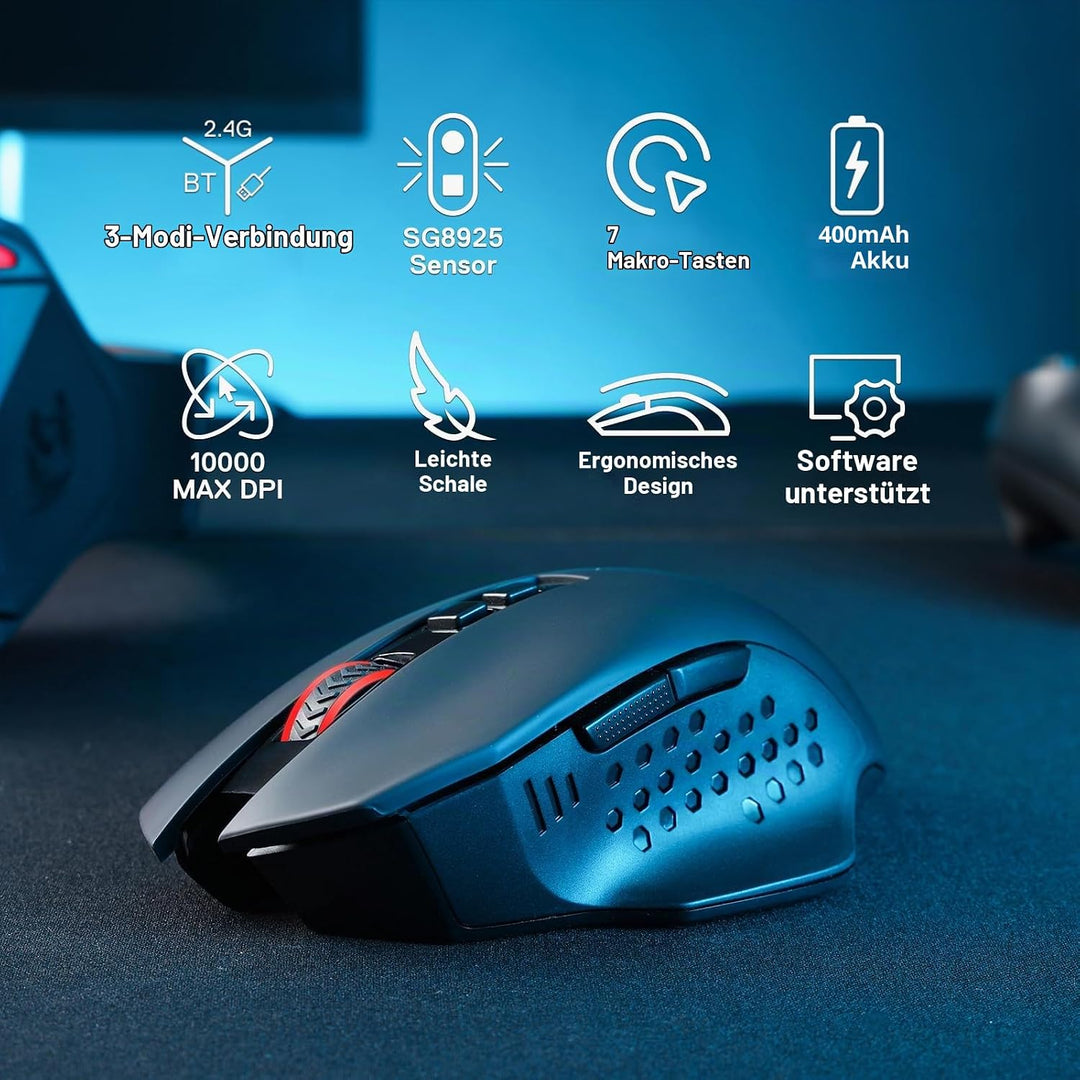 Redragon M656 MAX 3-Modi Gaming Maus, 10000 DPI wiederaufladbare Gaming Maus mit 5 DPI-Stufen, 7 Mak