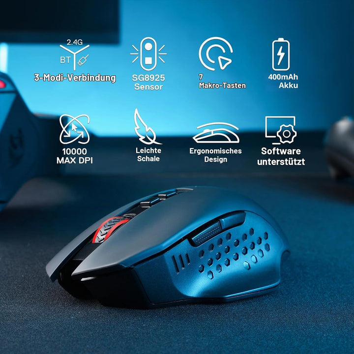 Redragon M656 MAX 3-Modi Gaming Maus, 10000 DPI wiederaufladbare Gaming Maus mit 5 DPI-Stufen, 7 Mak