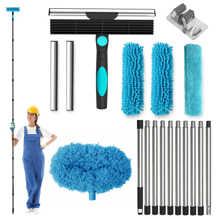 4 in 1 Teleskop Fensterwischer Abzieher Set,24cm~390cm Extra Lange Fensterputzer Set,1 Stauber,3 Mik