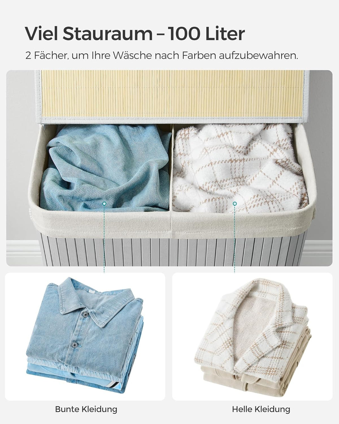 SONGMICS Wäschekorb 2 Fächer, 100 L Wäschesammler mit Deckel, Wäschebox Bambus, mit Griffen, faltbar