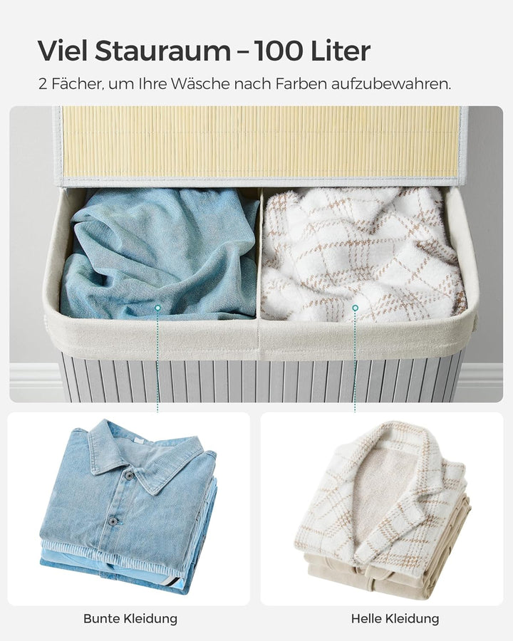 SONGMICS Wäschekorb 2 Fächer, 100 L Wäschesammler mit Deckel, Wäschebox Bambus, mit Griffen, faltbar