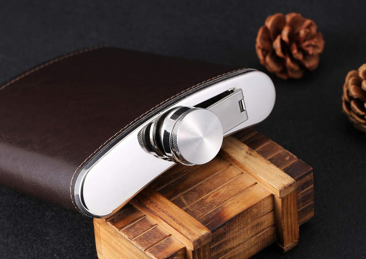 18 oz Coffee Color Stainless Steel Large Capacity Whiskey Liquor Hip Flask with Leather Wrapped, TOX