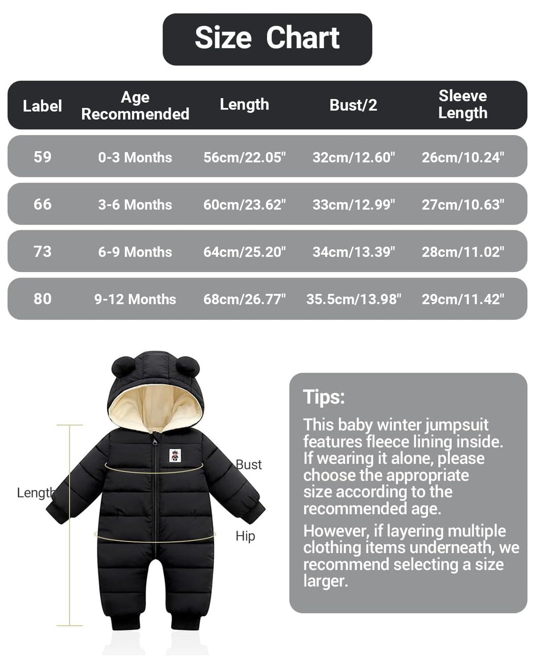 Baby Winter Overall mit Kapuze, Strampler Schneeanzug Jungen Mädchen Langarm Jumpsuit Warm Outfits G