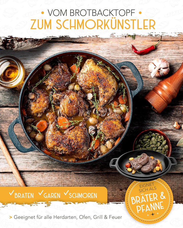 KRUSTENZAUBER 26cm Gusseisen Topf Brot backen - Brotbackform mit Deckel für selbstgemachtes Brot - I