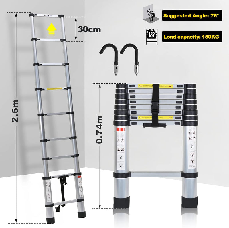 Randaco Teleskopleiter mit Abnehmbarem Haken, 2,6M Ausziehbare Leiter, Rutschfester Aluleiter Stehle