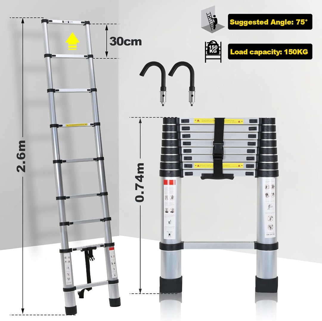 Herrselsam 2.6M Aluminium Teleskopleiter, Ausziehbare Leiter mit 2 Abnehmbarem Haken, Multifunktions