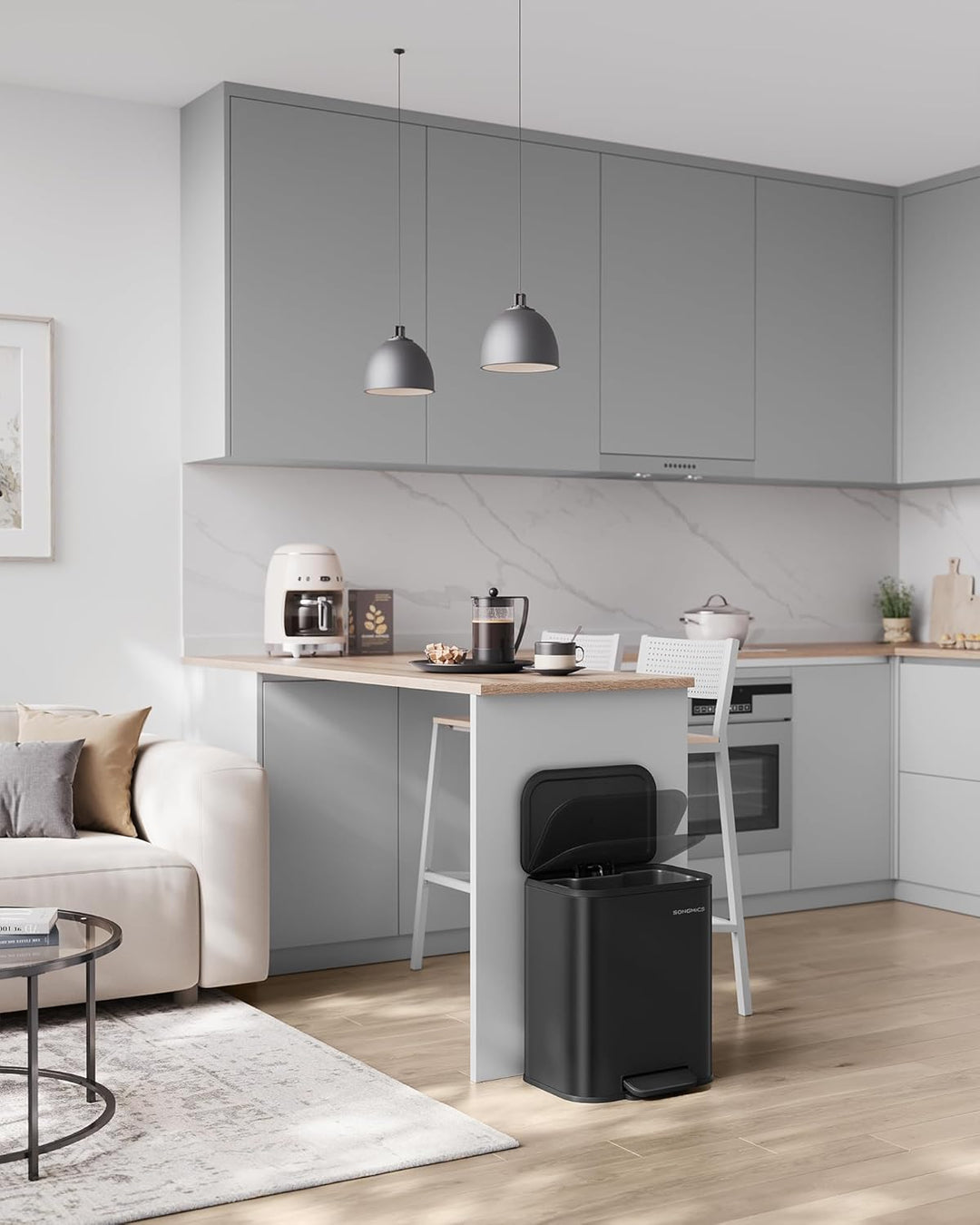 SONGMICS Mülleimer Küche, 20 Liter Abfalleimer mit Deckel, Tretmülleimer, Stahl, Softclose, Offenhal