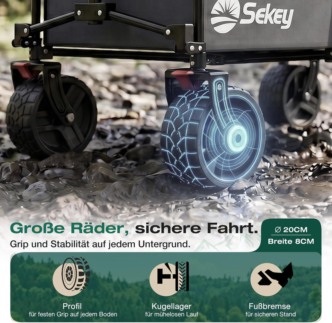 Sekey XXL Plus Bollerwagen Faltbar mit Bremsen 200L 200KG Belastbar, Extra Breite Reifen All Terrain