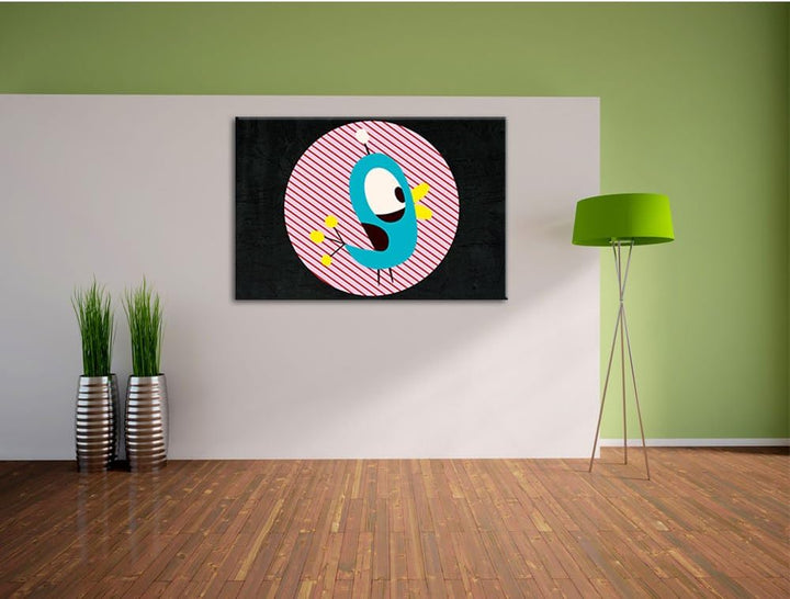 Pixxprint Lustiger Vogel mit gestreiftem Hintergrund schwarz, Format: 100x70 auf Leinwand, XXL riesi