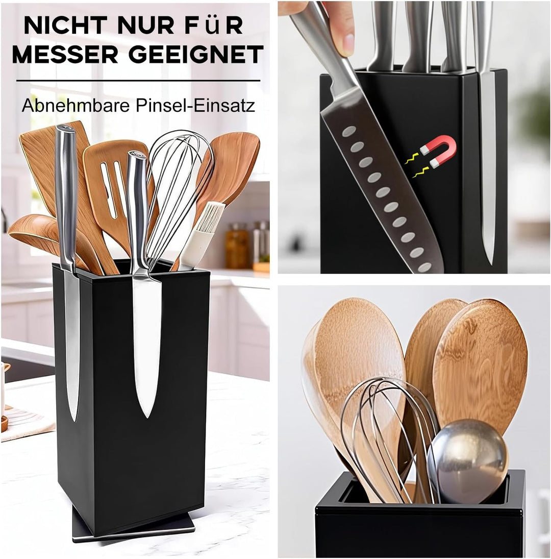 Magnetischer Messerblock aus Schwarz, 360° Drehbar, Universeller Messerhalter mit Vierseitigen Ultra