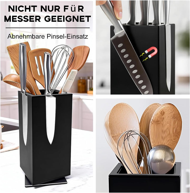 Magnetischer Messerblock aus Schwarz, 360° Drehbar, Universeller Messerhalter mit Vierseitigen Ultra