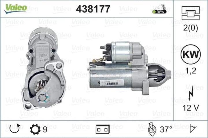 VALEO 438177 Starter Nennleistung: 1,2 kW Stop & Start: NO Zähnezahl: 9 zähne Spannung: 12 V Drehric