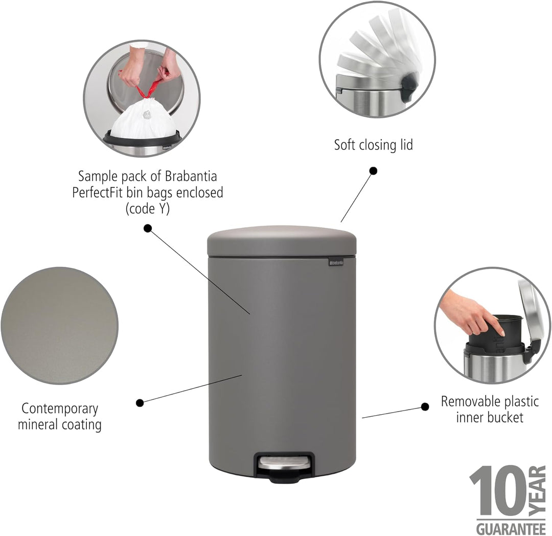 Brabantia Treteimer newIcon, 20 L 20 Liter Mineral Concrete Grey, 20 Liter Mineral Concrete Grey