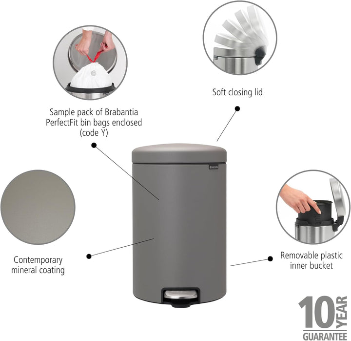 Brabantia Treteimer newIcon, 20 L 20 Liter Mineral Concrete Grey, 20 Liter Mineral Concrete Grey