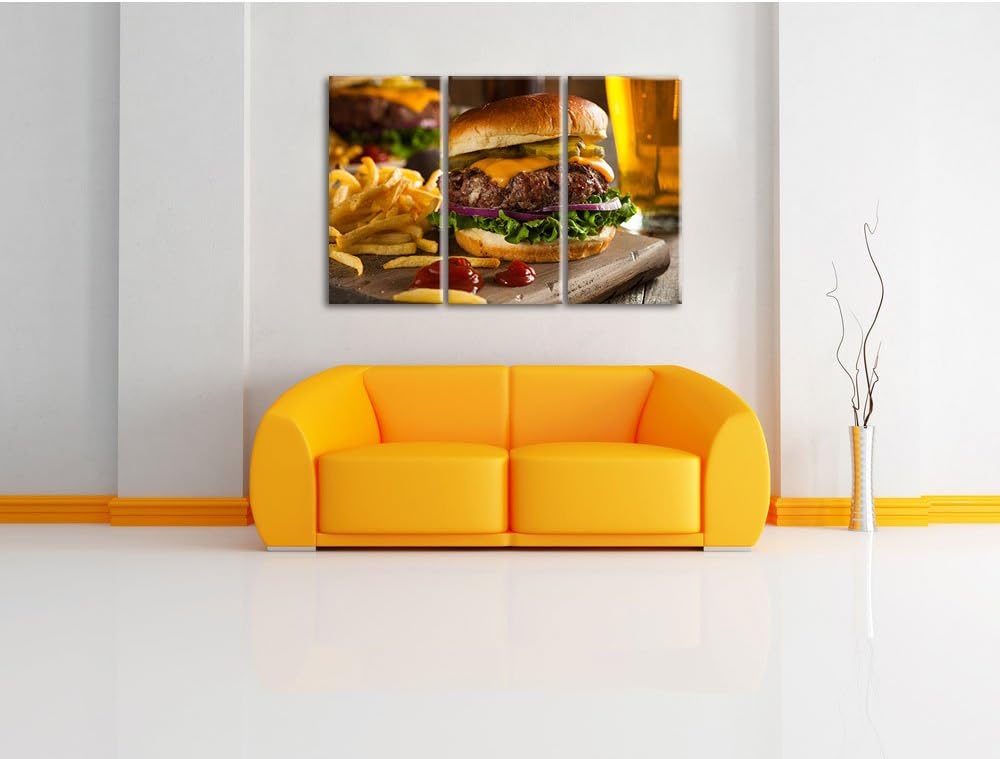 Pixxprint Saftiger Chili Cheese Burger 3-Teiler Leinwandbild 120x80 Bild auf Leinwand