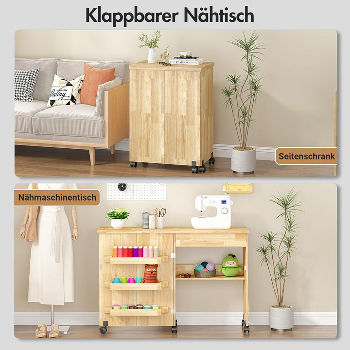 Nähtisch Klappbar, 2-in-1 Nähmaschinentisch, Nähmaschinenschrank mit Offenen Ablagefächern und Rolle