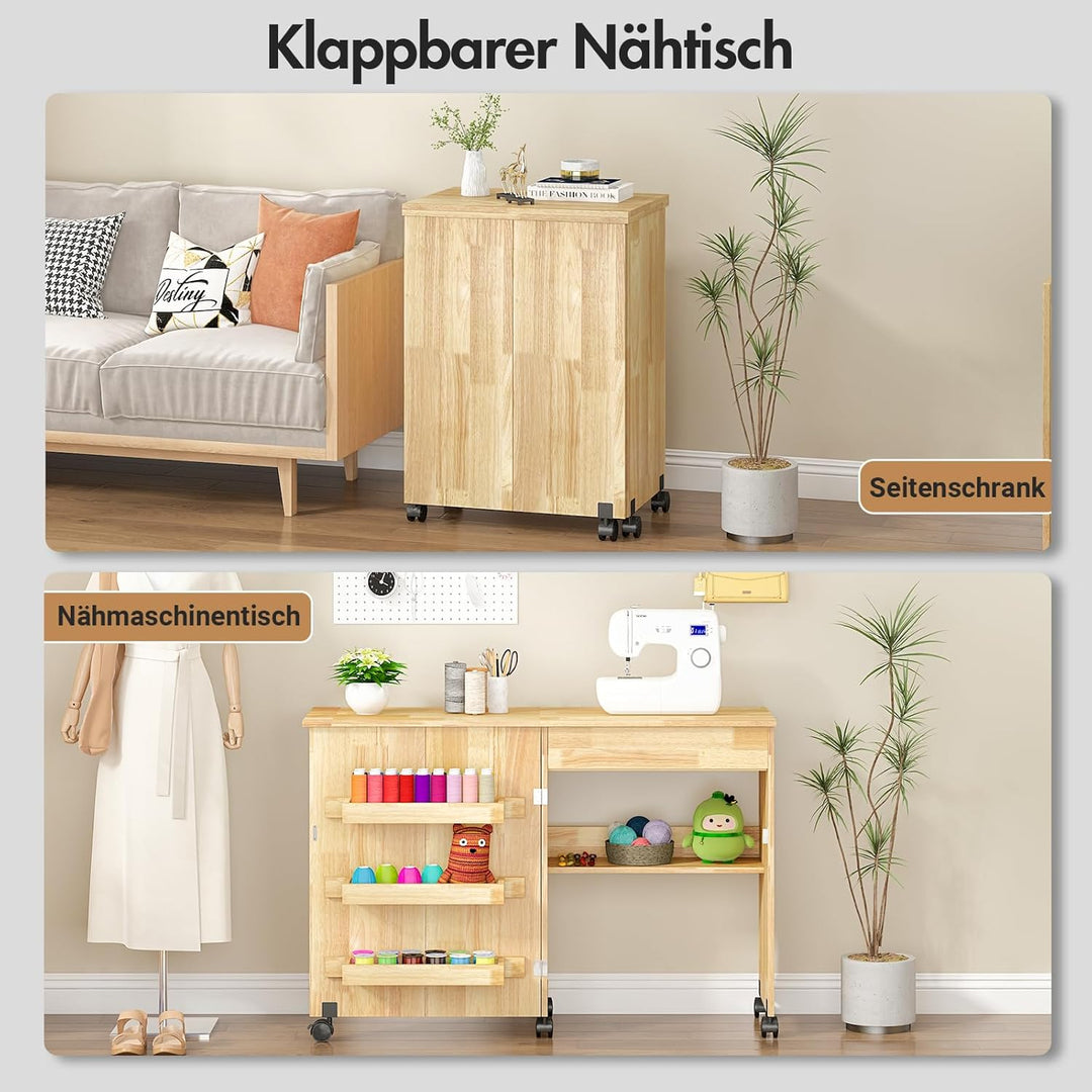 Nähtisch Klappbar, 2-in-1 Nähmaschinentisch, Nähmaschinenschrank mit Offenen Ablagefächern und Rolle