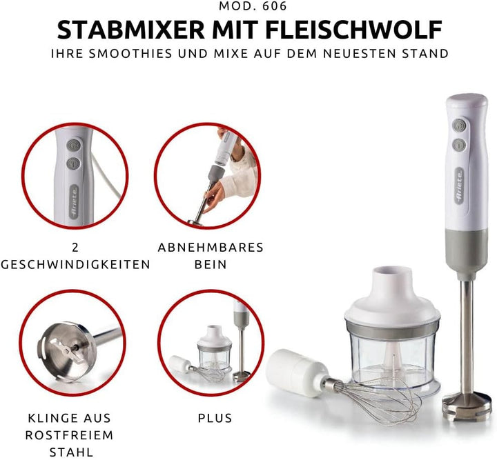 Ariete Breakfast 606 Stabmixer mit Zerkleinerer, Mini-Pürierstab mit 2 Geschwindigkeiten, Edelstahlk