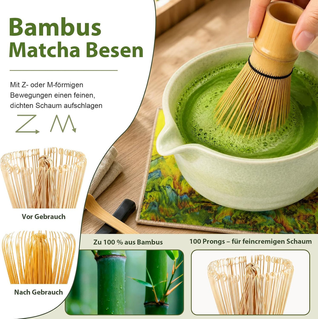 Matcha Set, 8 Stk Matcha Tee Set mit Keramik Matcha Schale mit Ausguss | Tropffreies Ausgiessen, Cre