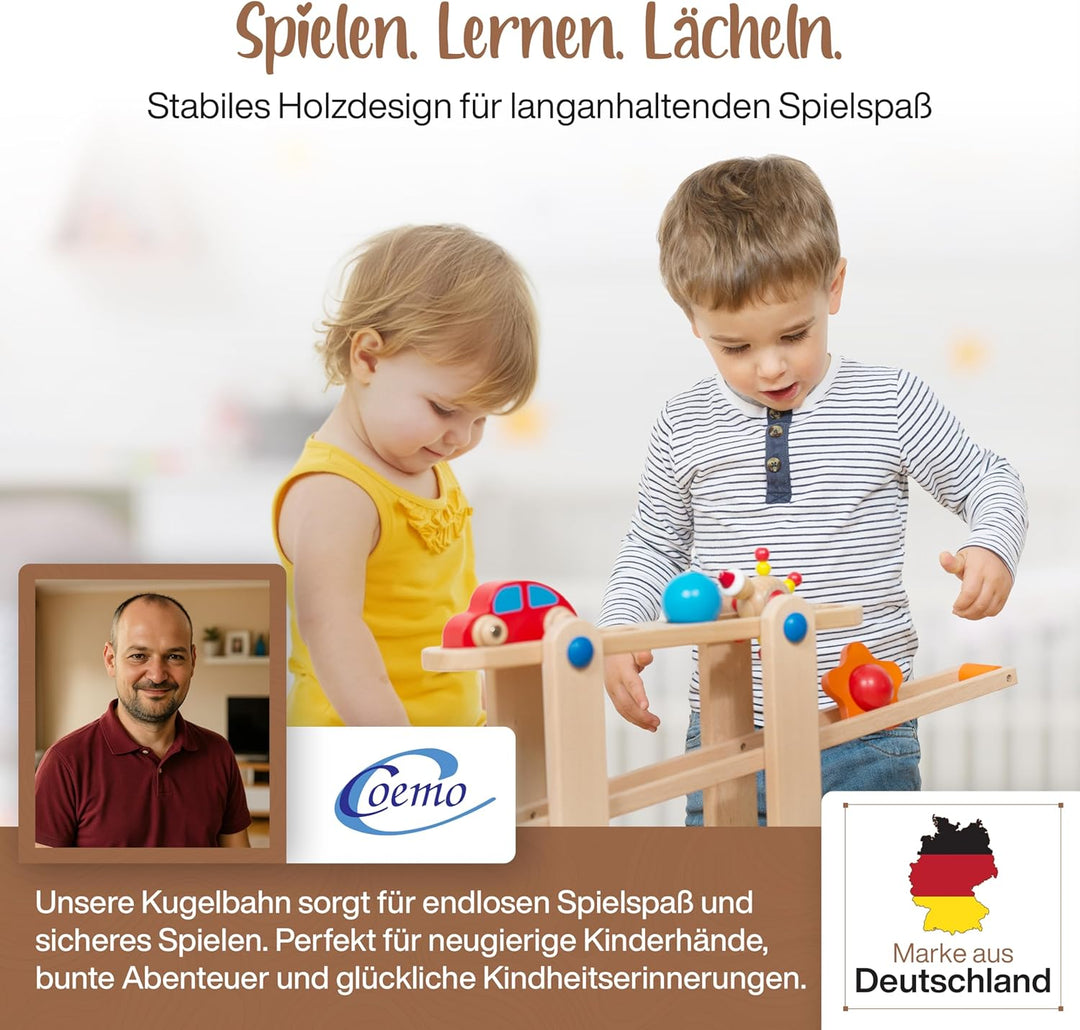 Coemo Kugelbahn Holz 7 Mobile Teile Murmelbahn ab 1 Jahr Motorikspielzeug Lernspielzeug für Babys