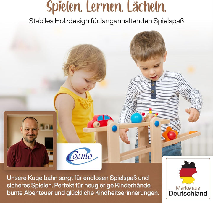 Coemo Kugelbahn Holz 7 Mobile Teile Murmelbahn ab 1 Jahr Motorikspielzeug Lernspielzeug für Babys