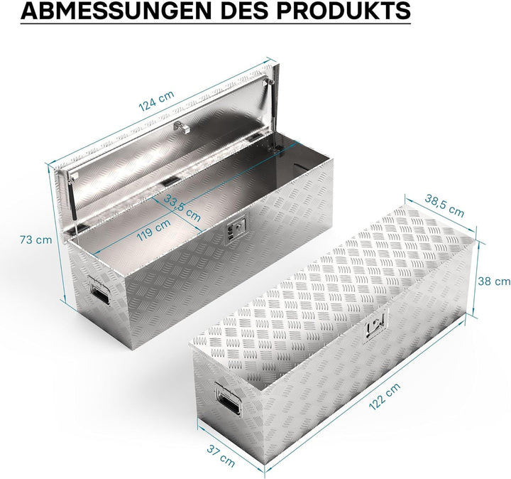 Wiltec Werkzeugbox Alu 124x37x38 cm Silberfarbene Transportbox, Werkzeugkiste inkl. Schlüssel, Alubo
