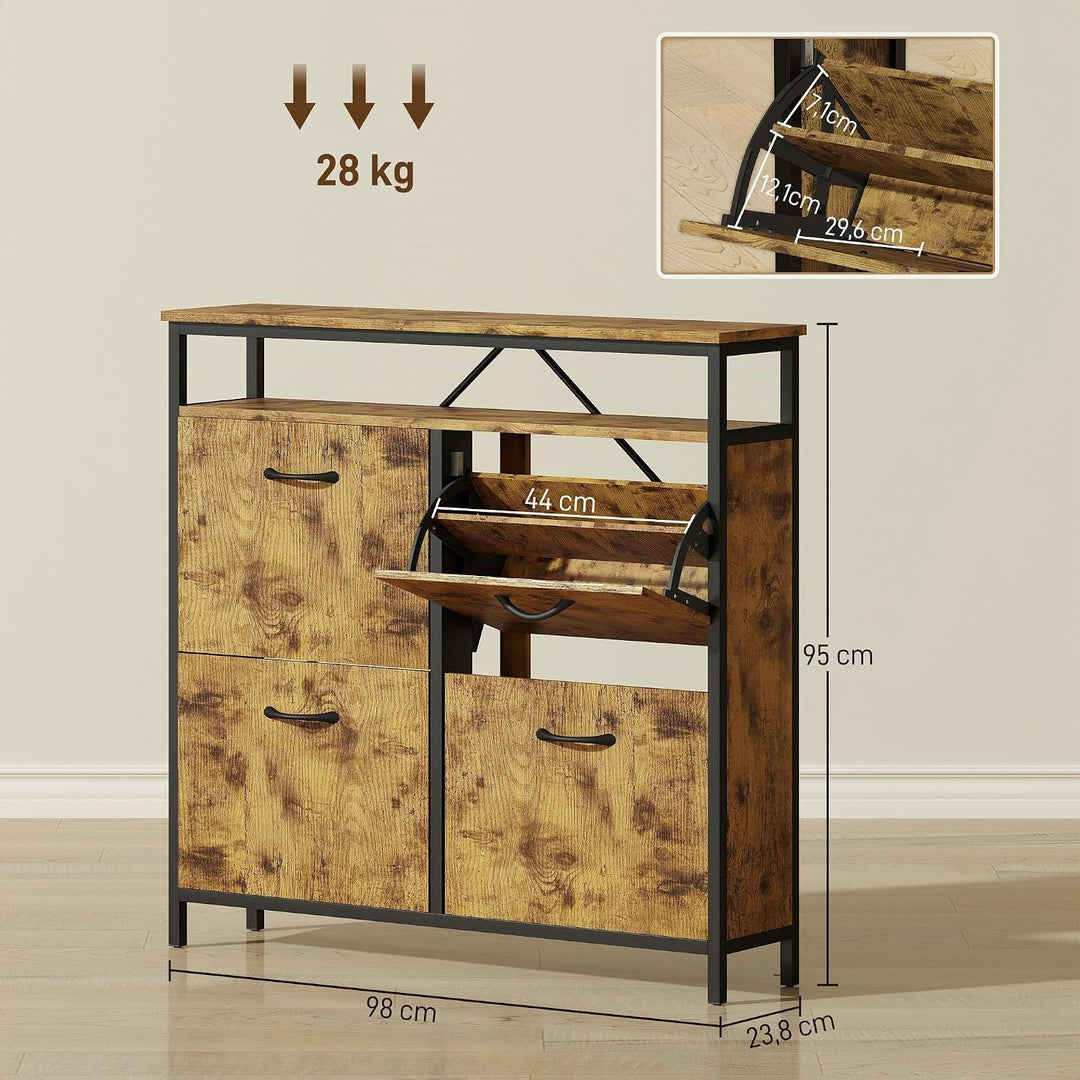 HOMCOM Schuhschrank mit 4 Klappen Schmal Schuhkipper mit Verstellbar Trennwand, offenem Fach Schuhre
