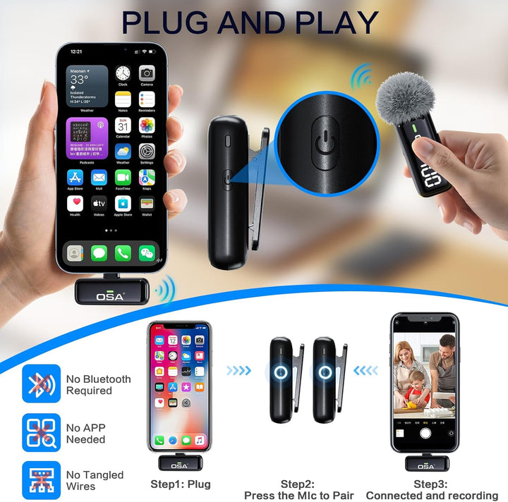OSA Lavalier Mikrofon Kabellos, Wireless Mini Microphone Professionelles Dual Wireless Mikrofon Plug