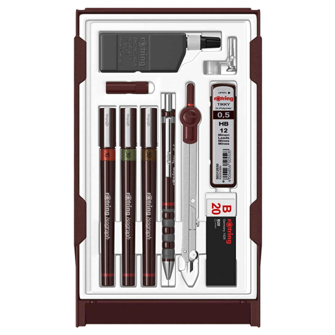 rOtring Isograph Fineliner Master Set | mit Zirkel | 0,1 mm/ 0,3 mm/ 0,5 mm | 3 Stück 0,10 mm, 0,30