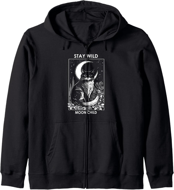 Stay Wild Moon Child Cat Katze Schwarz Kater Okkult Gothic Kapuzenjacke