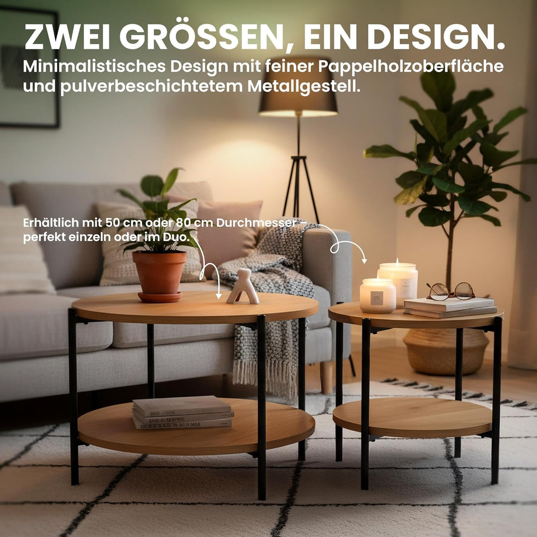 CLP Couchtisch rund Holz Edduma, Sofatisch 2 Ebenen mit Stauraum, Beistelltisch klein Metallgestell