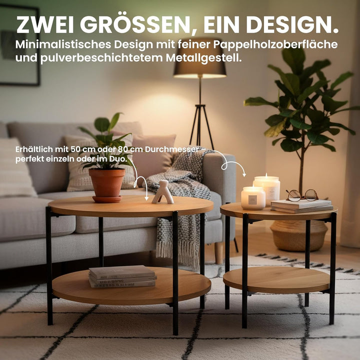 CLP Couchtisch rund Holz Edduma, Sofatisch 2 Ebenen mit Stauraum, Beistelltisch klein Metallgestell