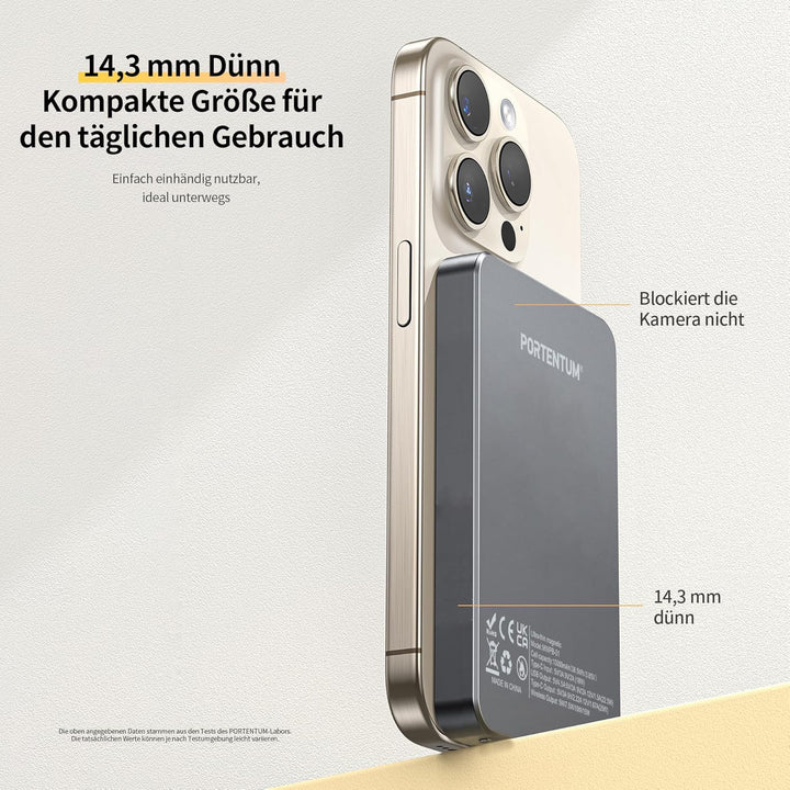 PORTENTUM Powerbank für Magsafe Schnellladefunktion 10000 mAh Ultra-Slim 14 mm – Power Bank magnetis