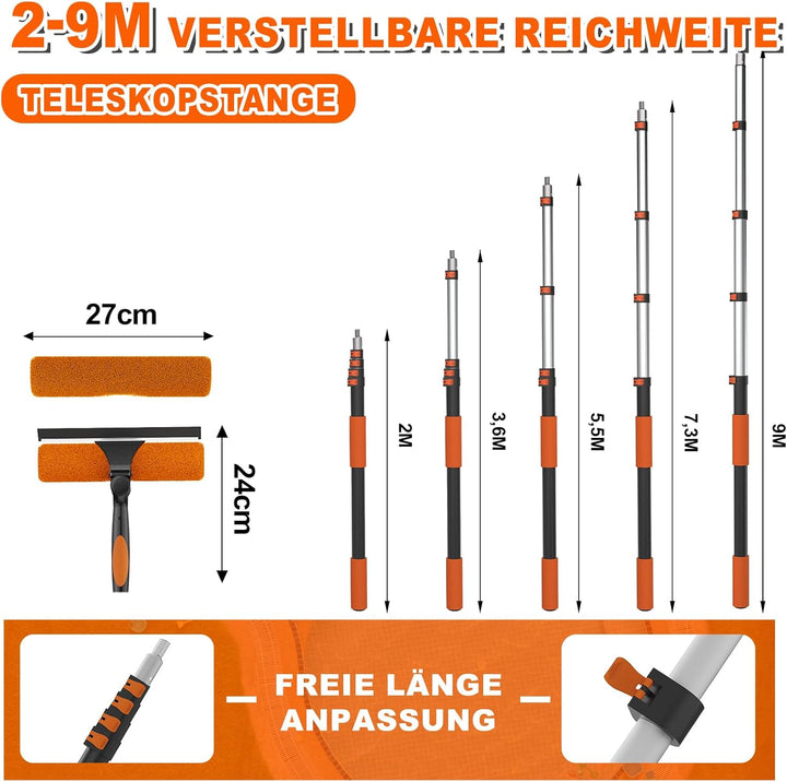 SISUPASSIE 2-in-1 Fensterputzer, 9m Fensterabzieher, professionelles Fensterwischer mit Teleskopstie