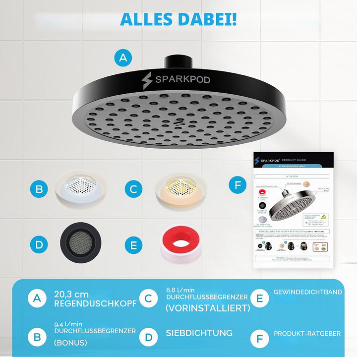 SparkPod Fixed Shower Head - High Pressure Rain - Luxury Modern Look - Easy Tool Free Installation -