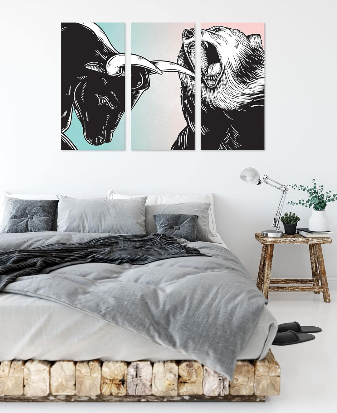 Pixxprint Bulle und Bär Aktienmarktals Leinwandbild 3 teilig | Grösse: 120x80 cm | Wandbild | Kunstd